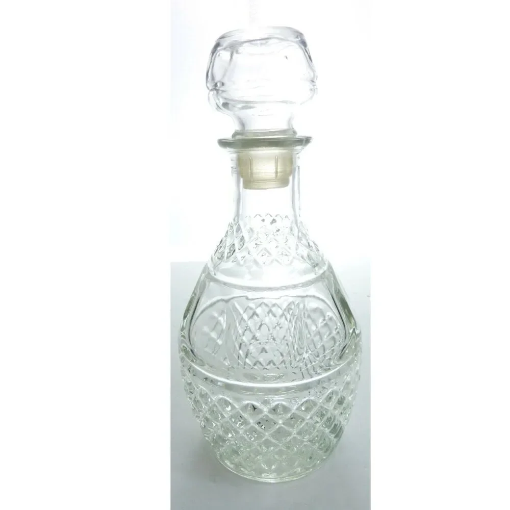 Vintage Glass Decanter Diamond Cut Crystal Style Wine Liquor Bottle Crown Etched